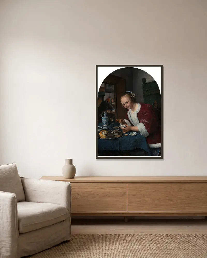 Girl Eating Oysters av Jan Steen inramad på en vägg