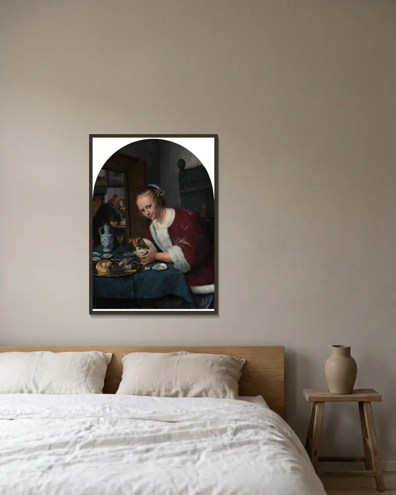 Girl Eating Oysters av Jan Steen inramad på en vägg