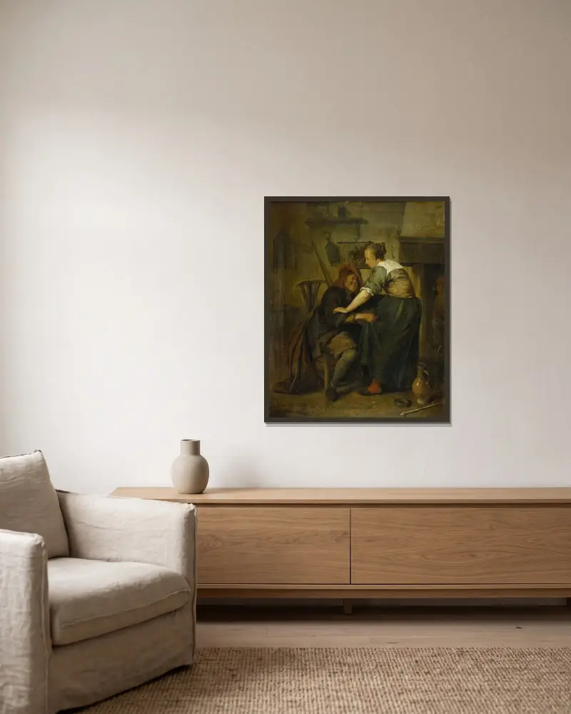 Krog med gäst och serveringsflicka av Jan Steen inramad på en vägg