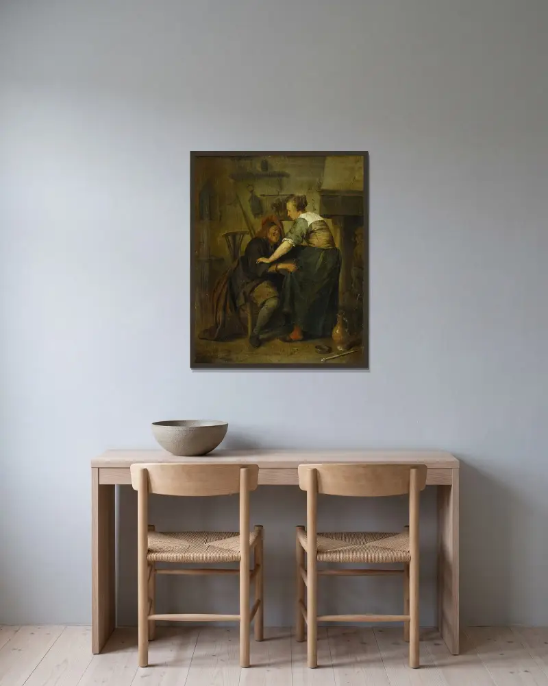 Krog med gäst och serveringsflicka av Jan Steen inramad på en vägg