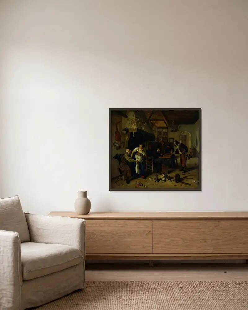 Interiör av ett värdshus med en gubbe som roar sig med värdshusvärdinnan och två män som spelar backgammon, känd som 'Två slags spel' av Jan Steen inramad på en vägg