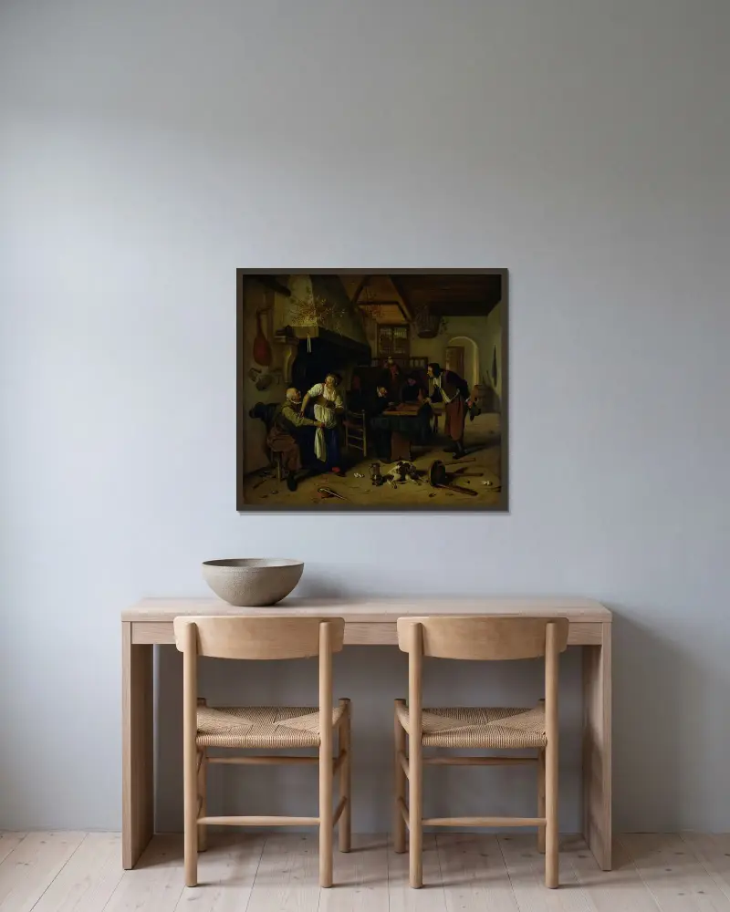 Interiör av ett värdshus med en gubbe som roar sig med värdshusvärdinnan och två män som spelar backgammon, känd som 'Två slags spel' av Jan Steen inramad på en vägg