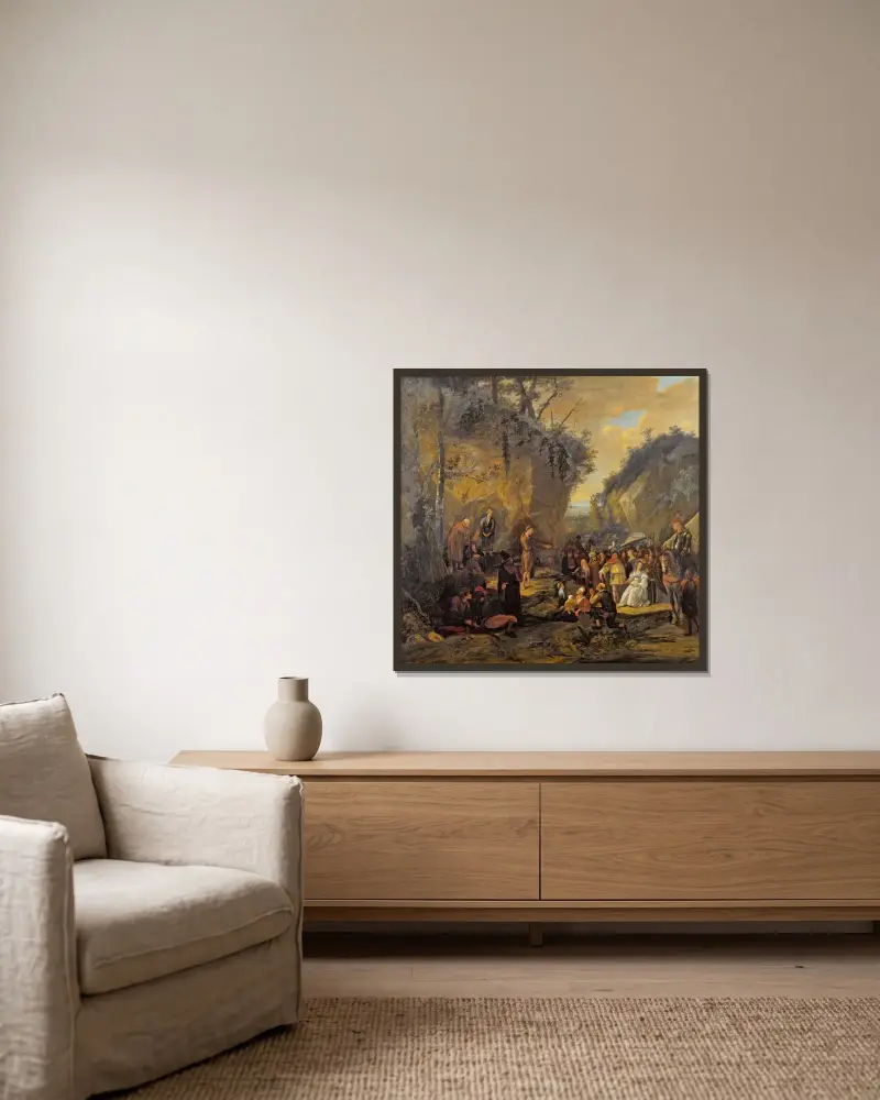 Johannes Döparen predikar av Jan Steen inramad på en vägg