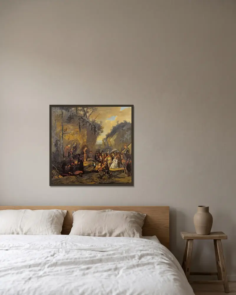 Johannes Döparen predikar av Jan Steen inramad på en vägg