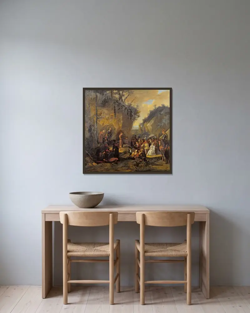 Johannes Döparen predikar av Jan Steen inramad på en vägg