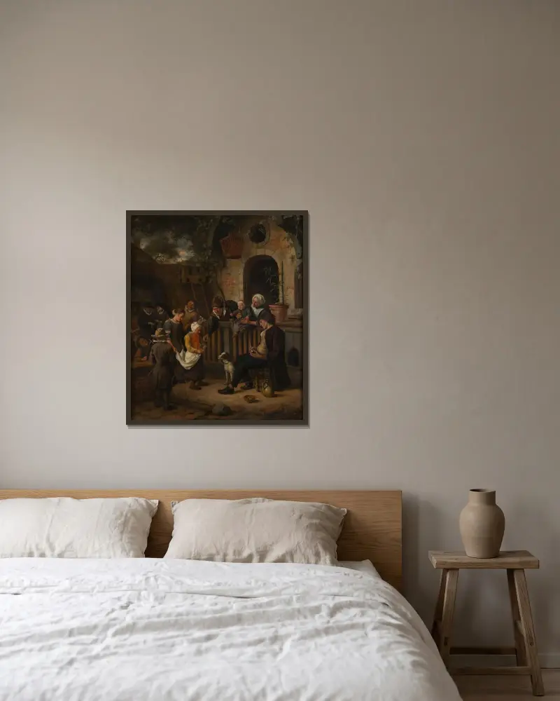 Den lille tiggaren av Jan Steen inramad på en vägg