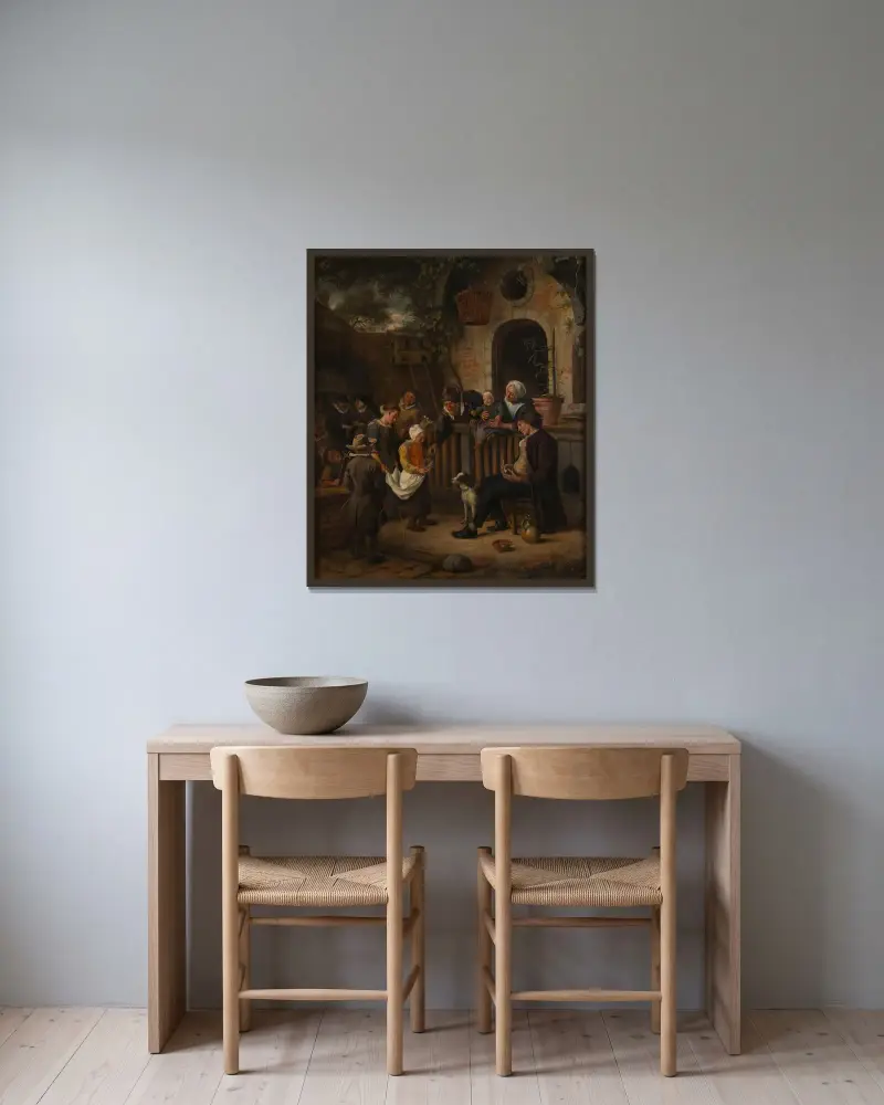 Den lille tiggaren av Jan Steen inramad på en vägg