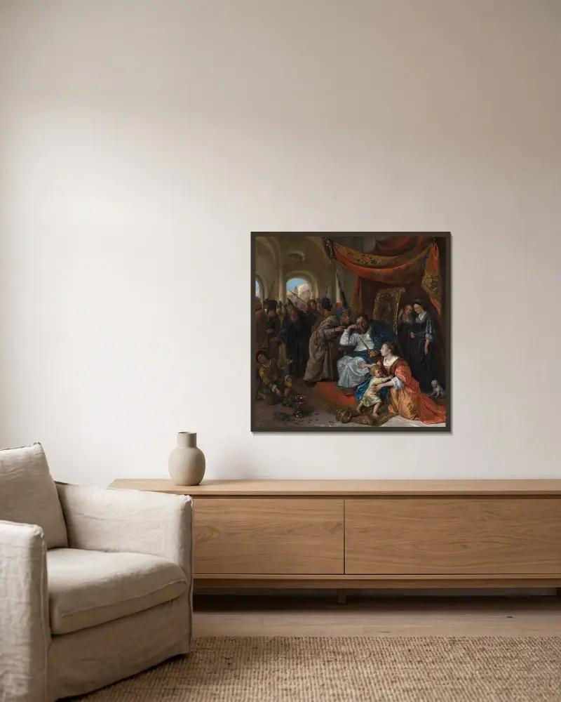 Moses und die Krone des Pharao von Jan Steen gerahmt an einer Wand