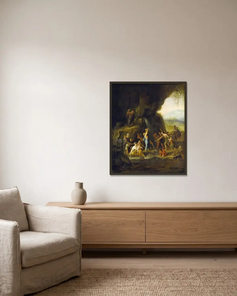 Mose slår vatten ur klippan av Jan Steen inramad på en vägg