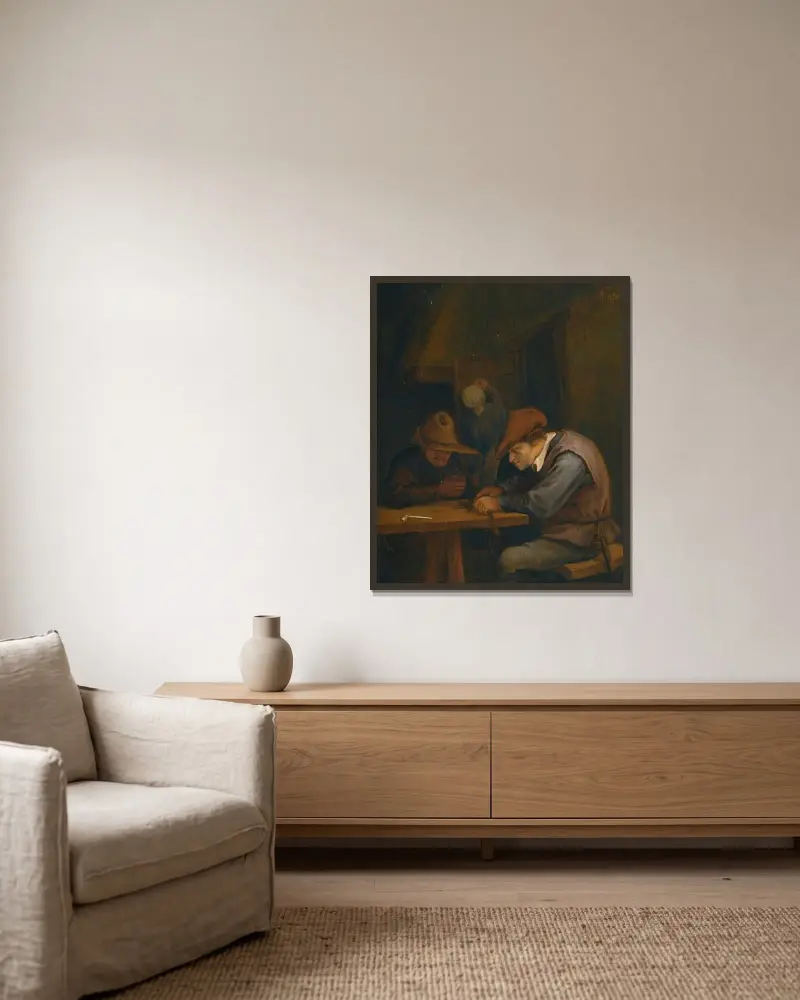 Bönder som dricker och skär tobak i en krog av Jan Steen inramad på en vägg