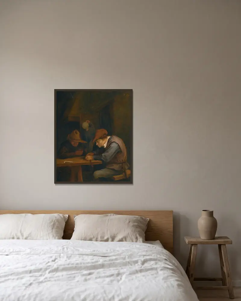 Bönder som dricker och skär tobak i en krog av Jan Steen inramad på en vägg