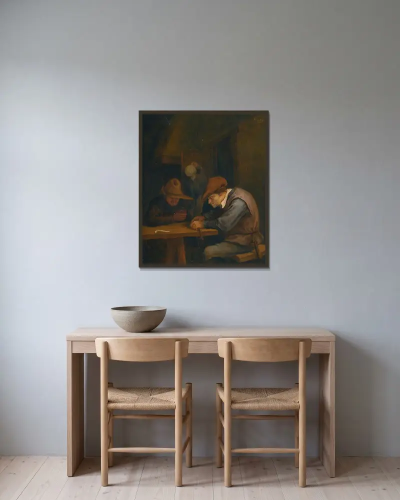 Bönder som dricker och skär tobak i en krog av Jan Steen inramad på en vägg