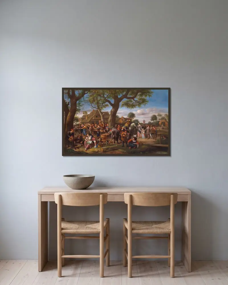 Bönder som festar utanför en krog av Jan Steen inramad på en vägg