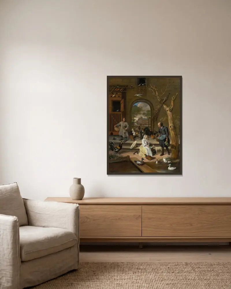 Porträt der Jacoba Maria van Wassenaer (1654–1683), bekannt als „Der Geflügelhof“ von Jan Steen gerahmt an einer Wand