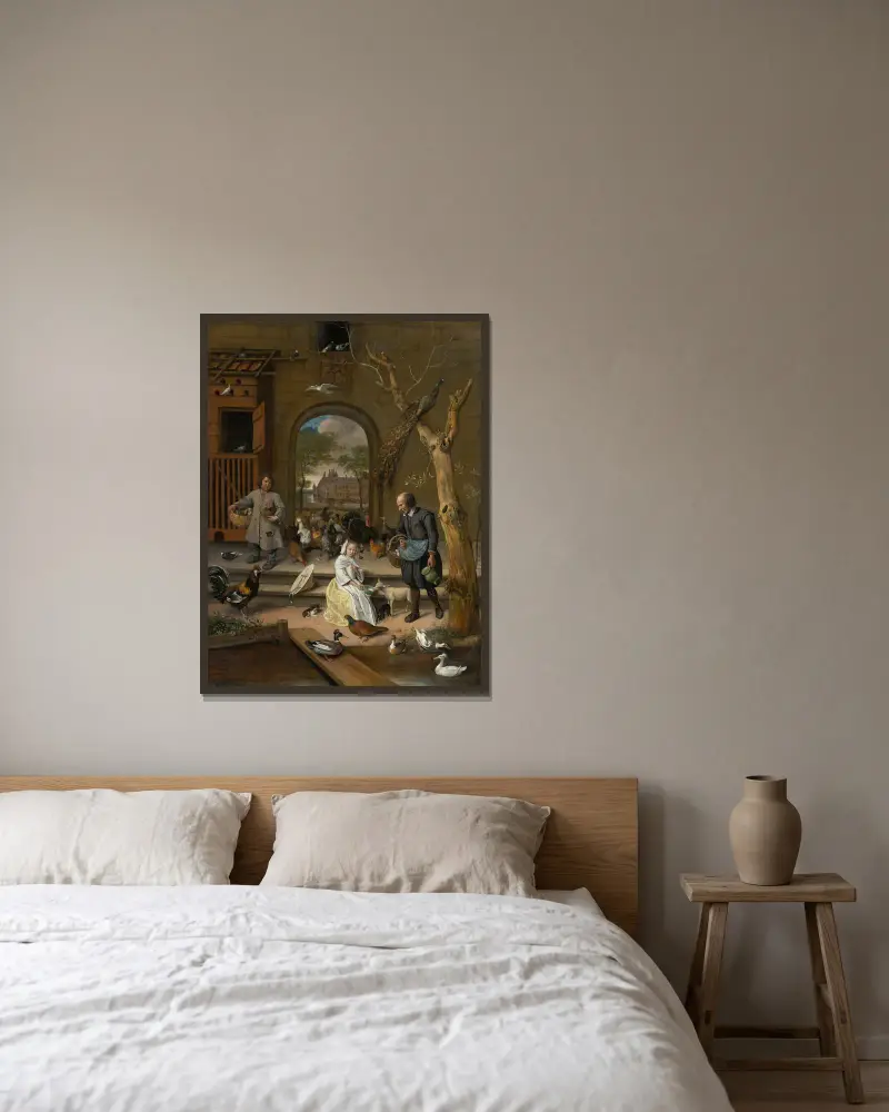 Porträt der Jacoba Maria van Wassenaer (1654–1683), bekannt als „Der Geflügelhof“ von Jan Steen gerahmt an einer Wand