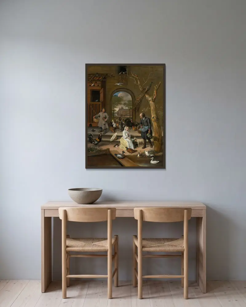 Porträt der Jacoba Maria van Wassenaer (1654–1683), bekannt als „Der Geflügelhof“ von Jan Steen gerahmt an einer Wand
