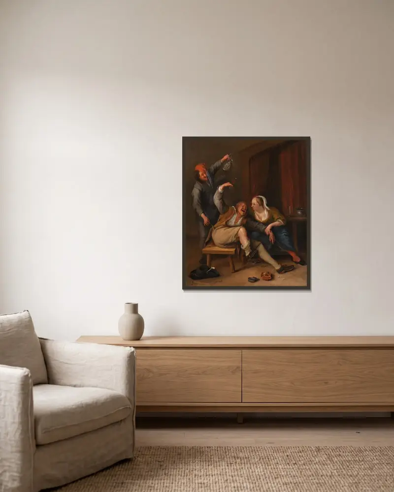 Självporträtt av konstnären som fyllbult, bestulen på sin börs i ett bordell av Jan Steen inramad på en vägg