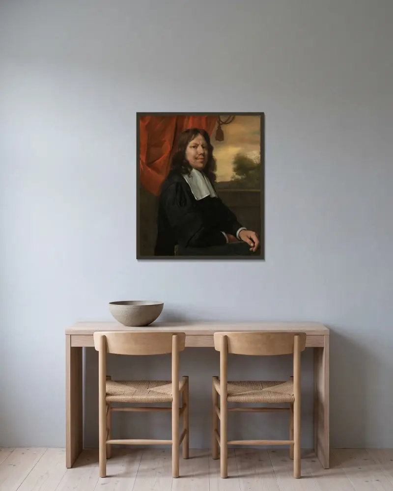 Självporträtt av Jan Steen inramad på en vägg