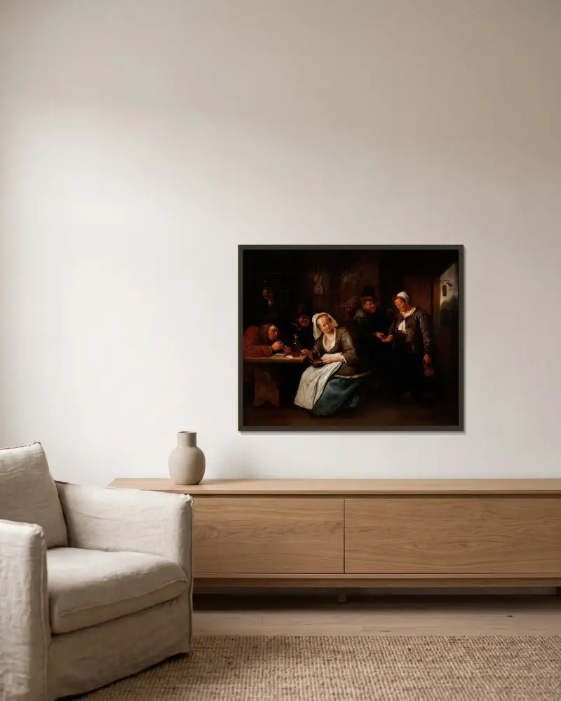 Krogscen av Jan Steen inramad på en vägg