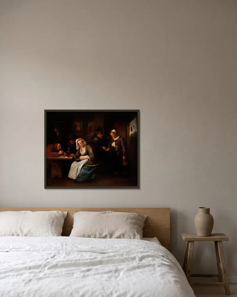 Krogscen av Jan Steen inramad på en vägg