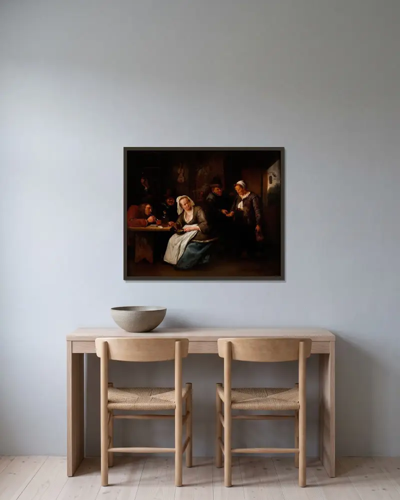 Krogscen av Jan Steen inramad på en vägg