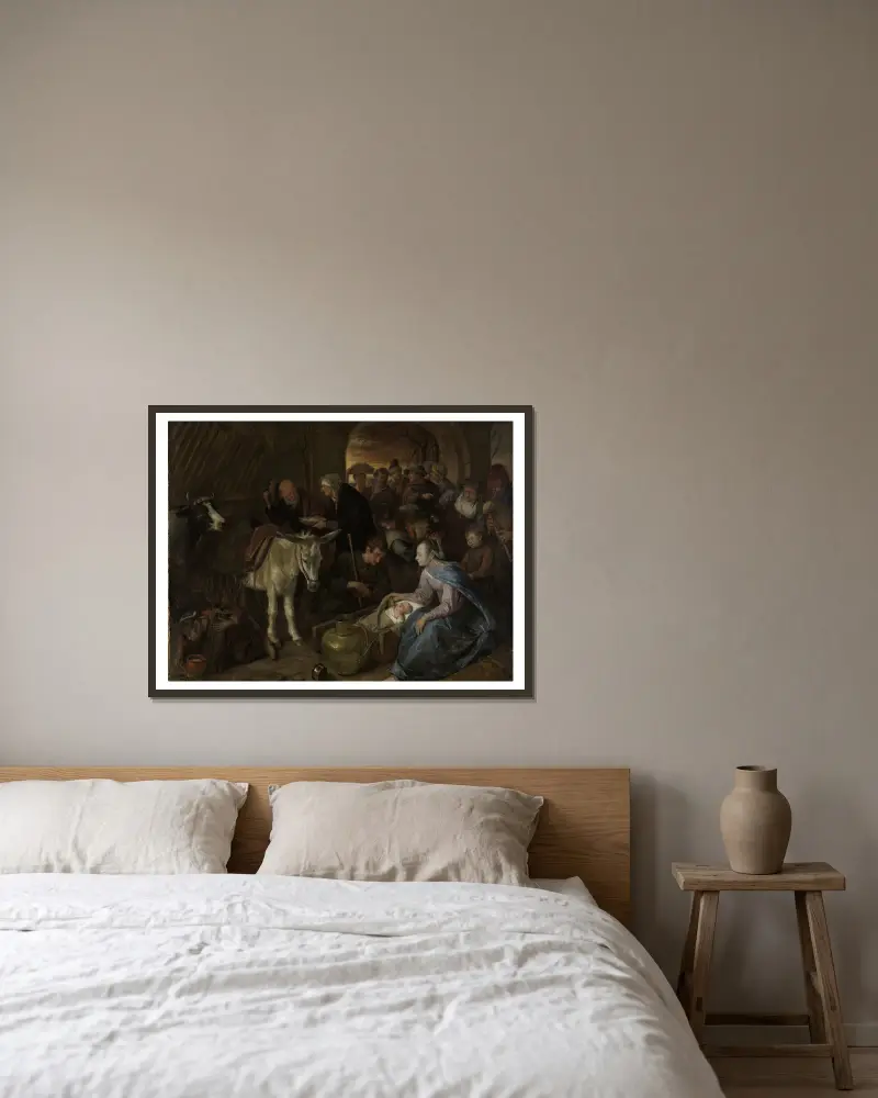 The adoration of the shepherds av Jan Steen inramad på en vägg