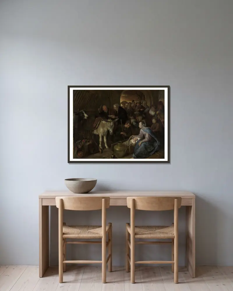 The adoration of the shepherds av Jan Steen inramad på en vägg