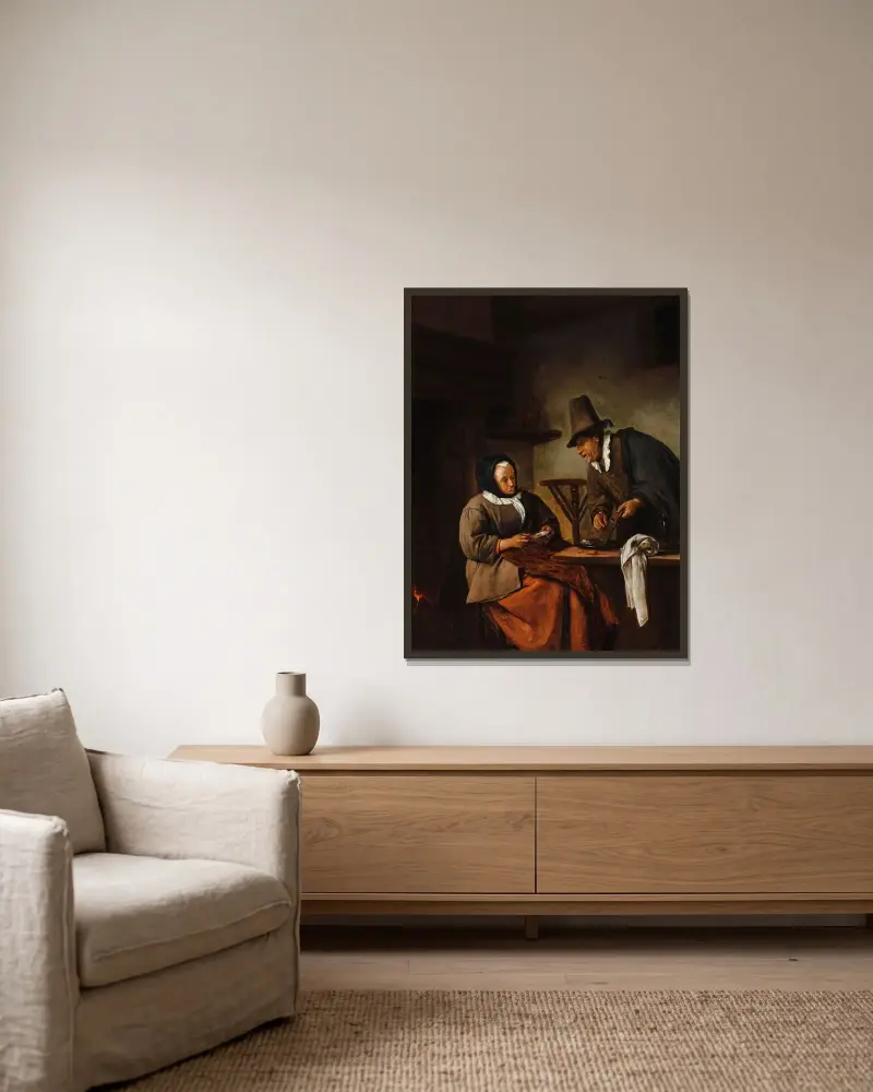 The Caudle Makers av Jan Steen inramad på en vägg