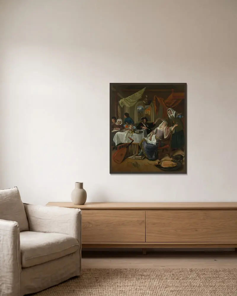 Det utsvävande hushållet av Jan Steen inramad på en vägg
