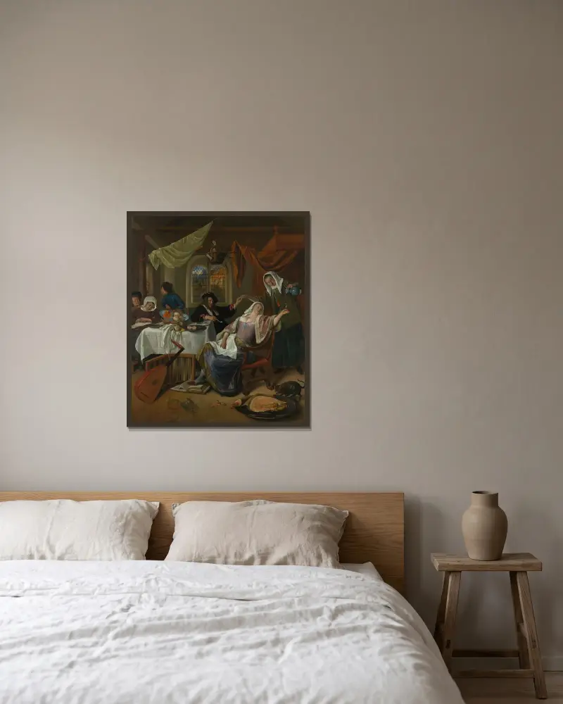 Det utsvävande hushållet av Jan Steen inramad på en vägg