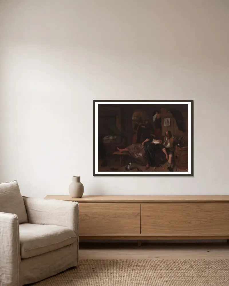Das betrunkene Paar von Jan Steen gerahmt an einer Wand
