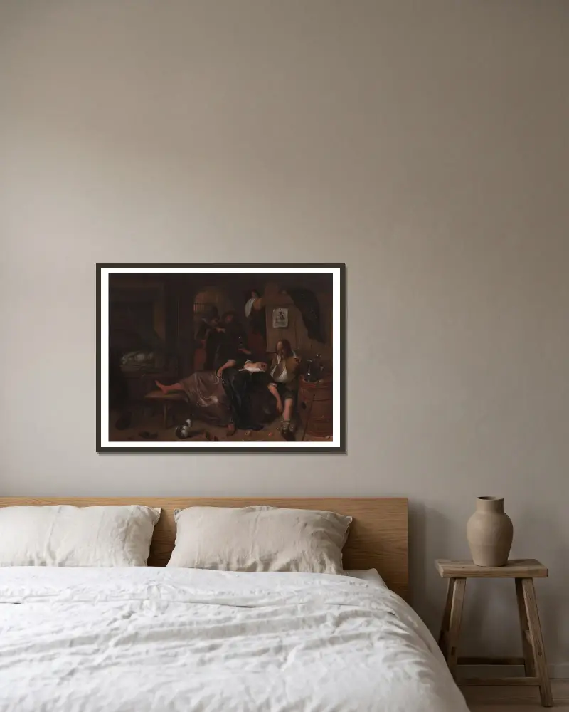 Das betrunkene Paar von Jan Steen gerahmt an einer Wand