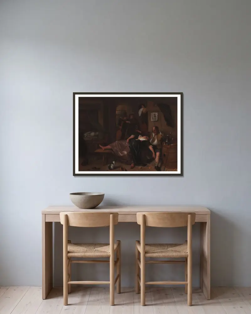Das betrunkene Paar von Jan Steen gerahmt an einer Wand