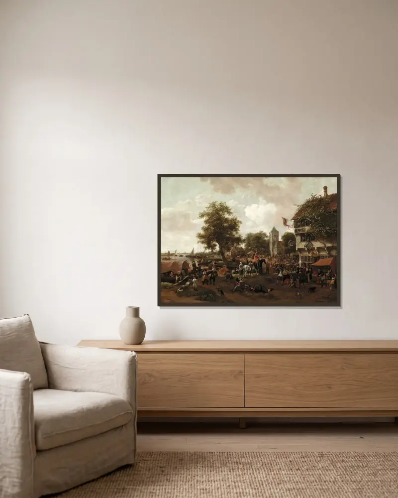 Marknaden i Oegstgeest av Jan Steen inramad på en vägg