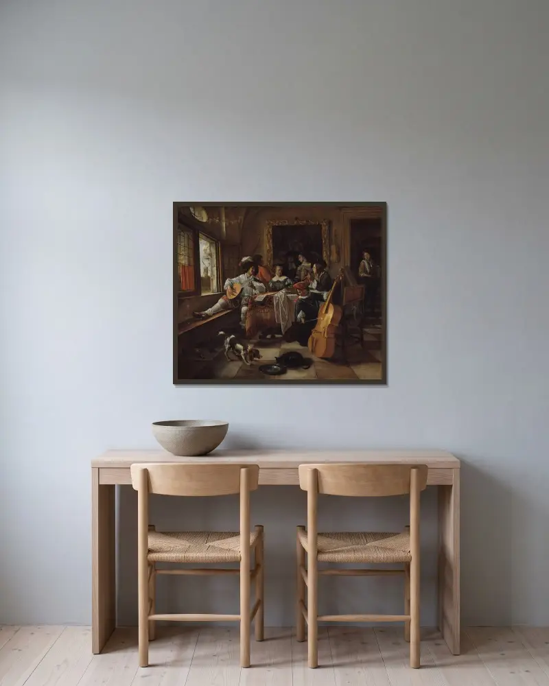 Familjekonserten av Jan Steen inramad på en vägg