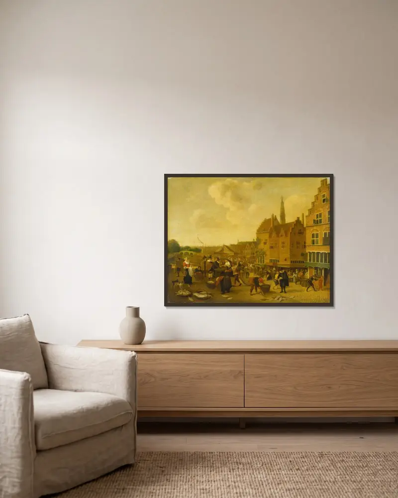 Fiskmarknaden i Leiden av Jan Steen inramad på en vägg