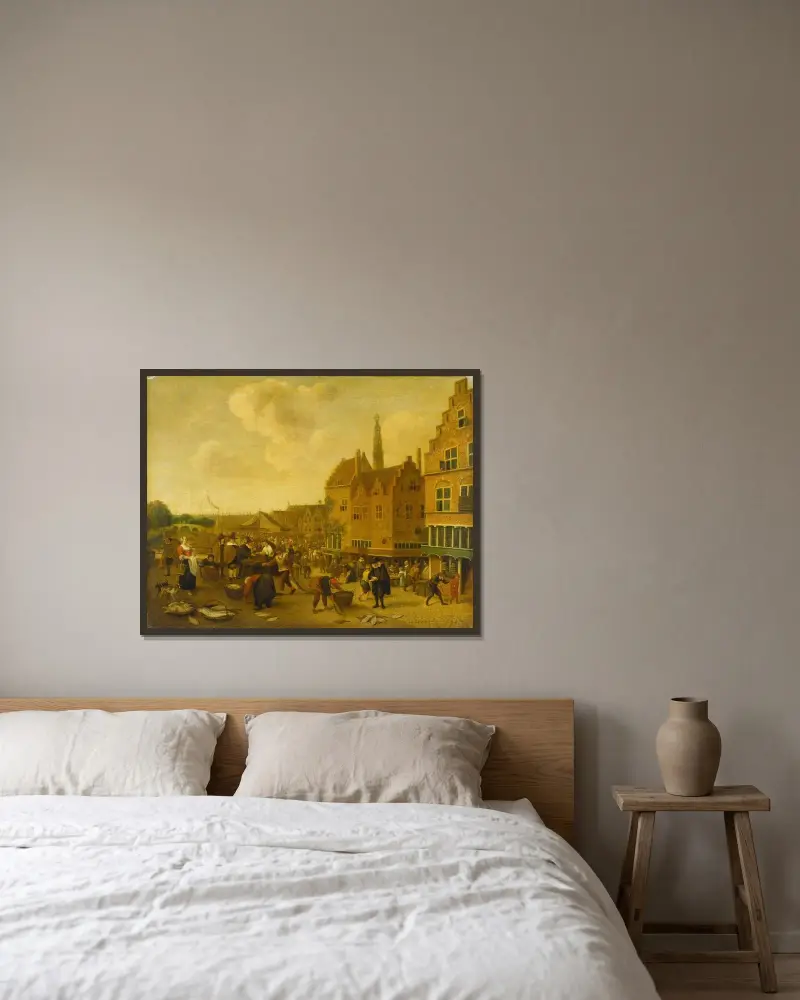 Fiskmarknaden i Leiden av Jan Steen inramad på en vägg