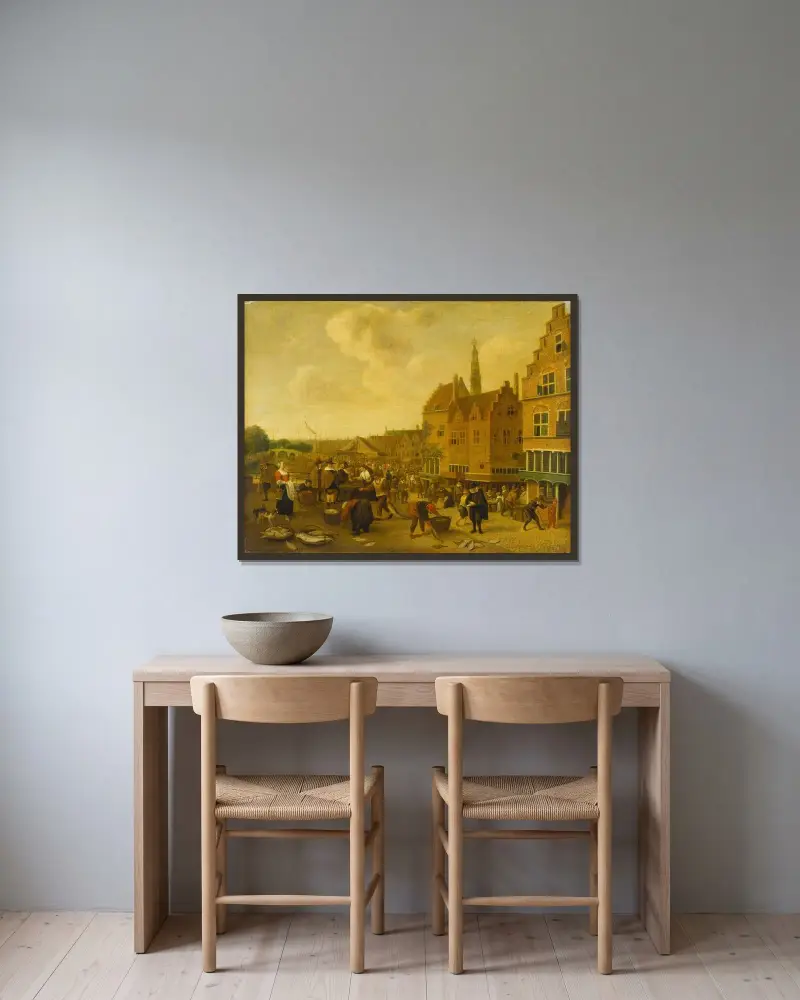 Fiskmarknaden i Leiden av Jan Steen inramad på en vägg