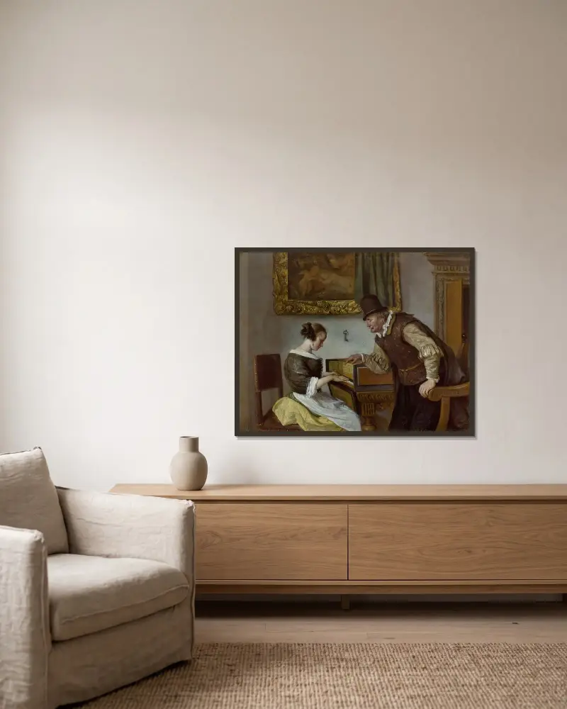 Cembalolektionen av Jan Steen inramad på en vägg