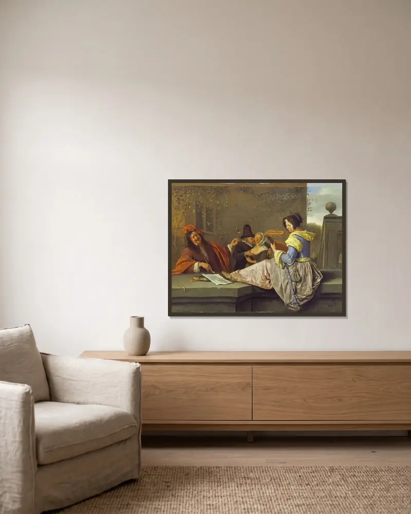 Lutspelaren av Jan Steen inramad på en vägg