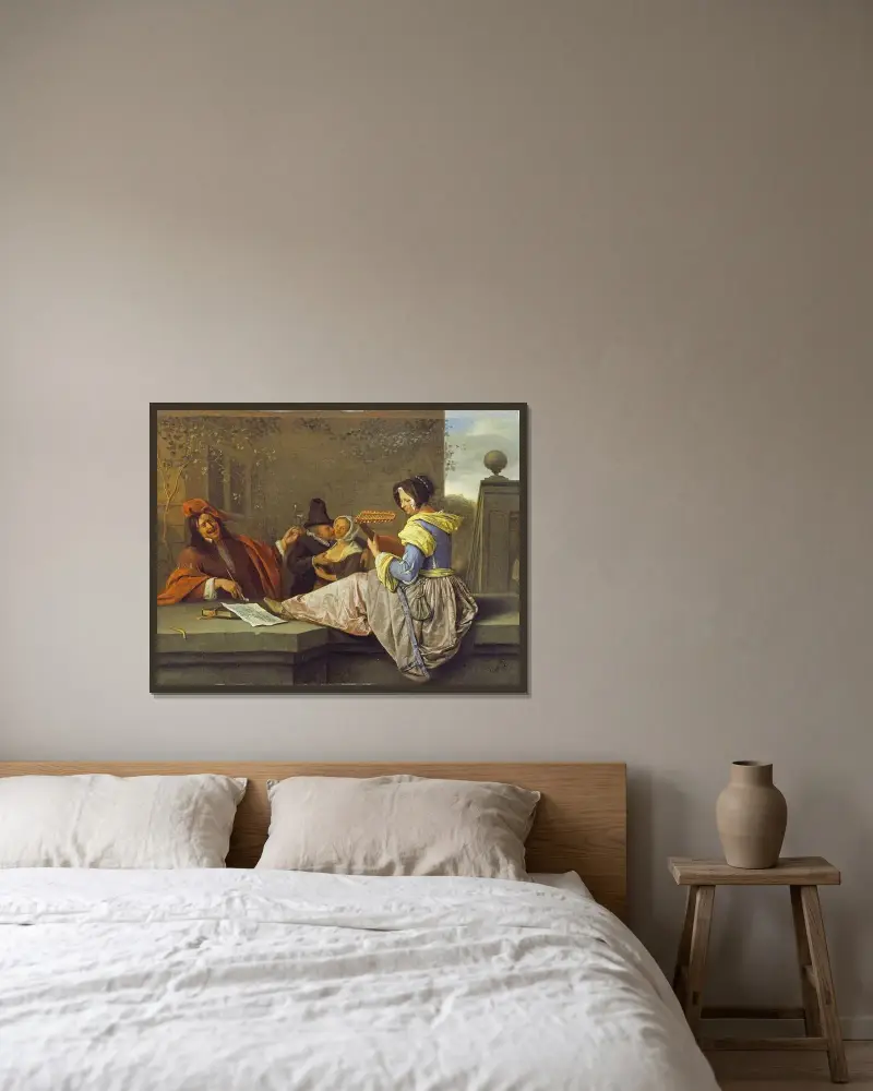 Lutspelaren av Jan Steen inramad på en vägg