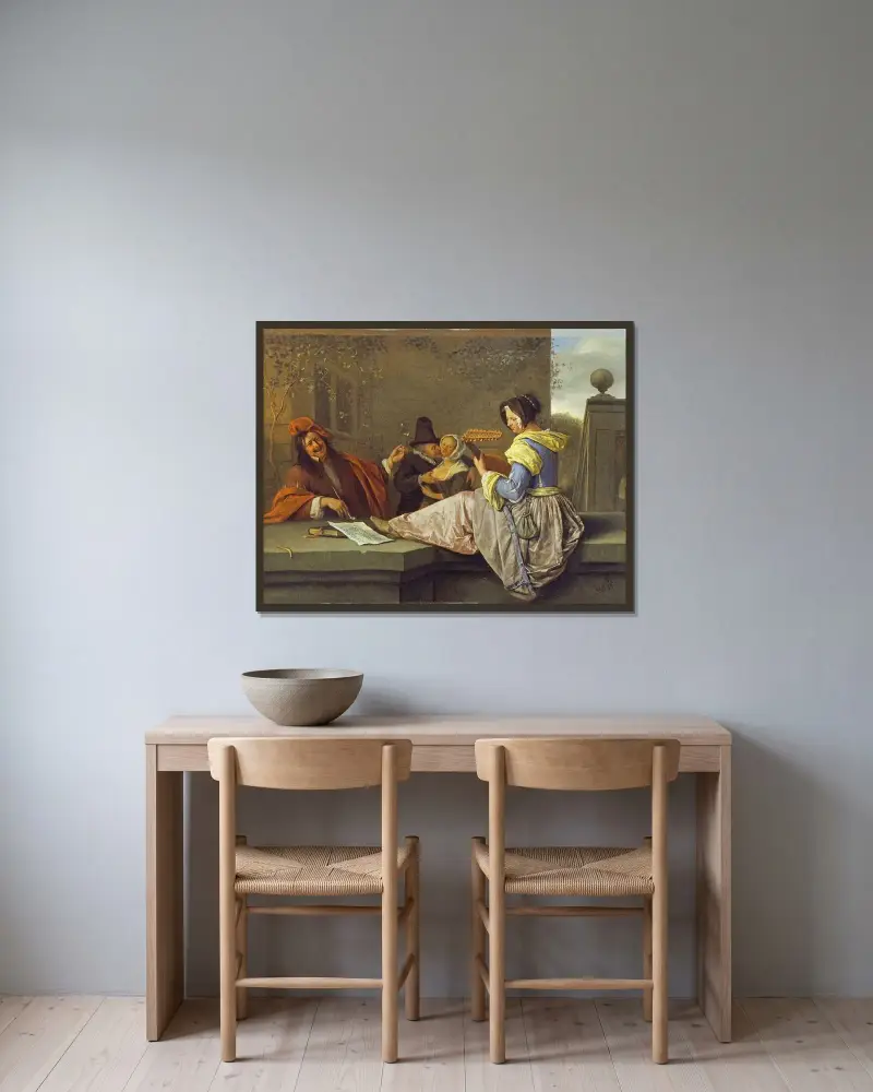 Lutspelaren av Jan Steen inramad på en vägg