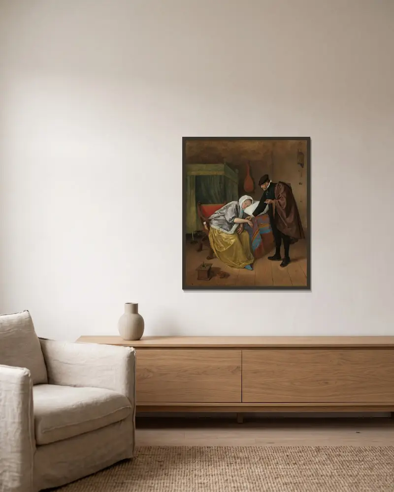 Den sjuka kvinnan av Jan Steen inramad på en vägg