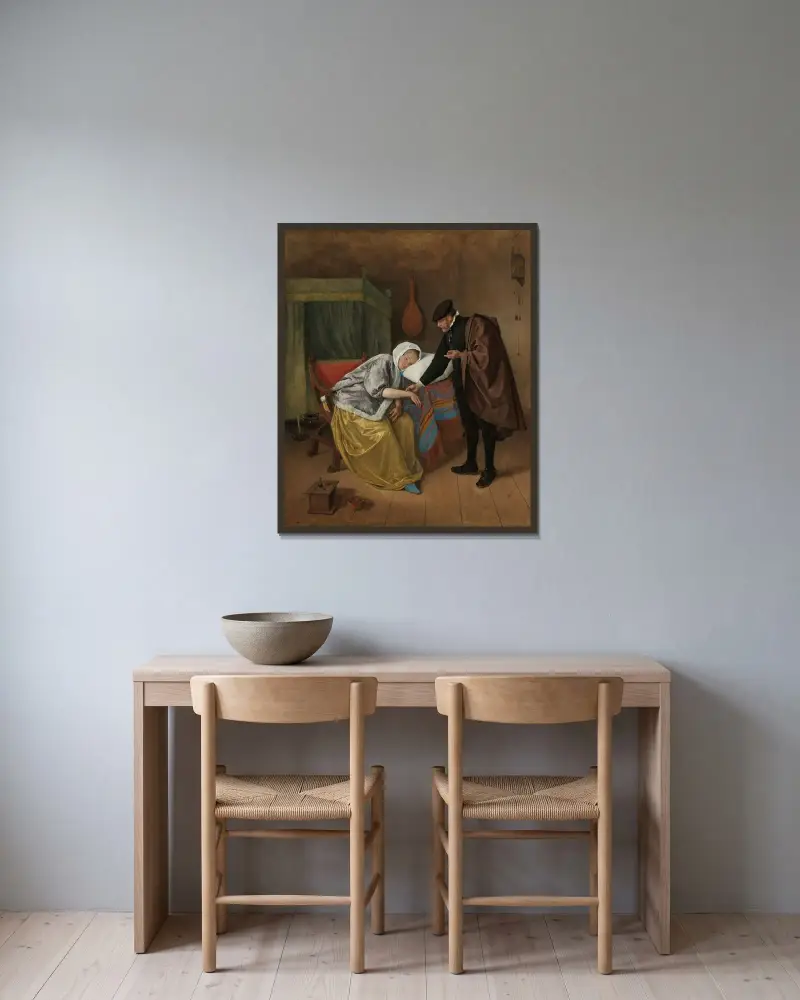 Den sjuka kvinnan av Jan Steen inramad på en vägg