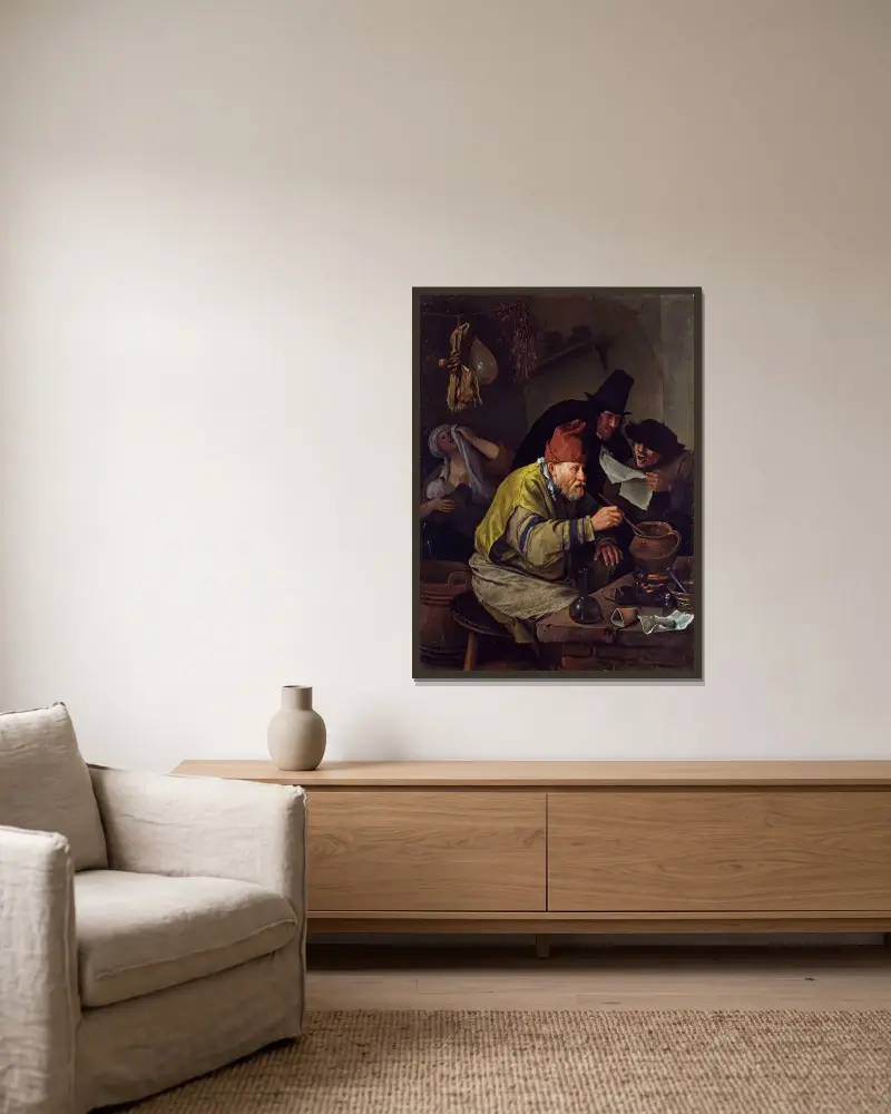 Byns alkemist av Jan Steen inramad på en vägg