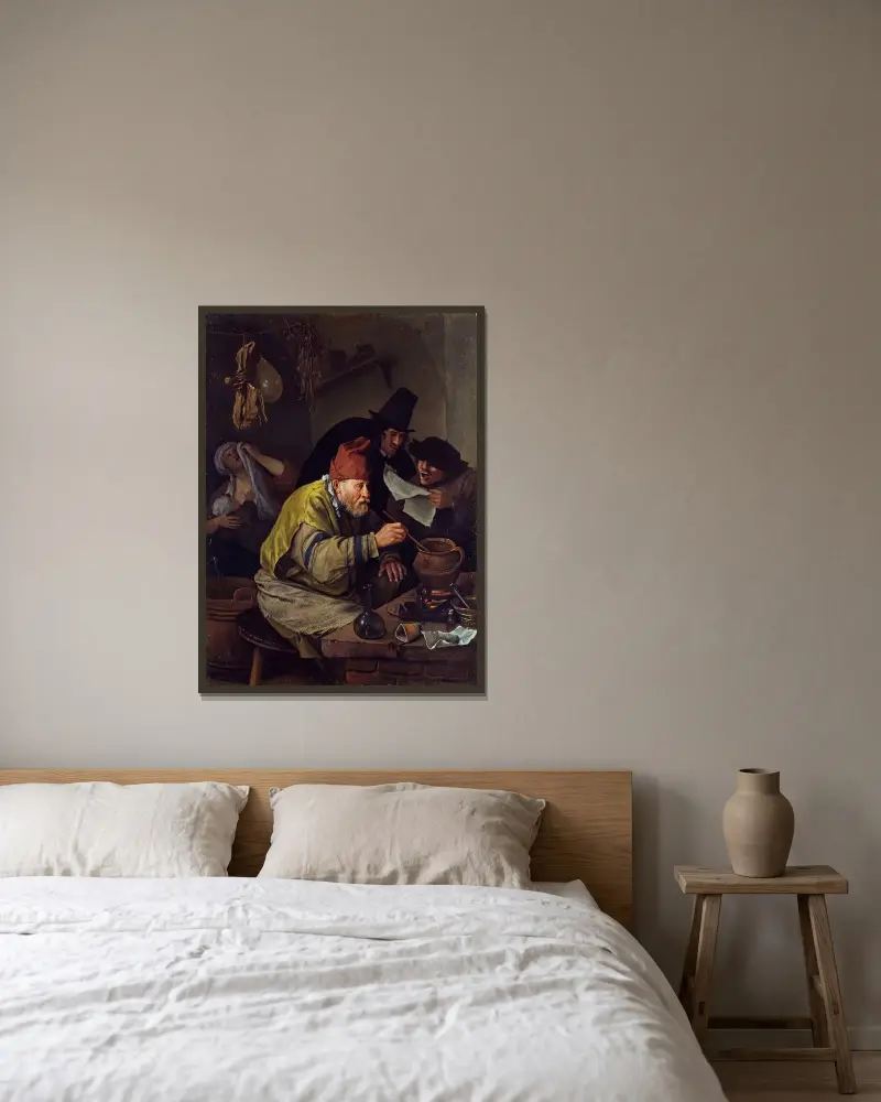Byns alkemist av Jan Steen inramad på en vägg