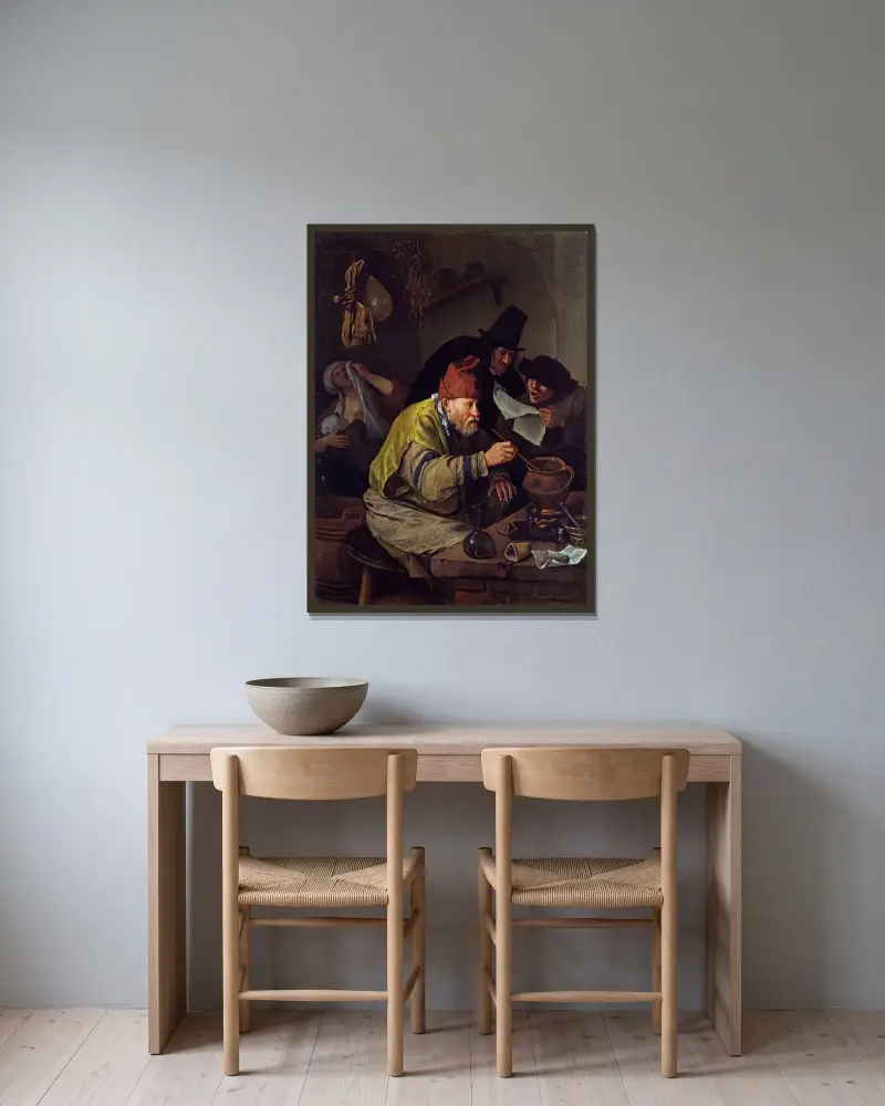 Byns alkemist av Jan Steen inramad på en vägg