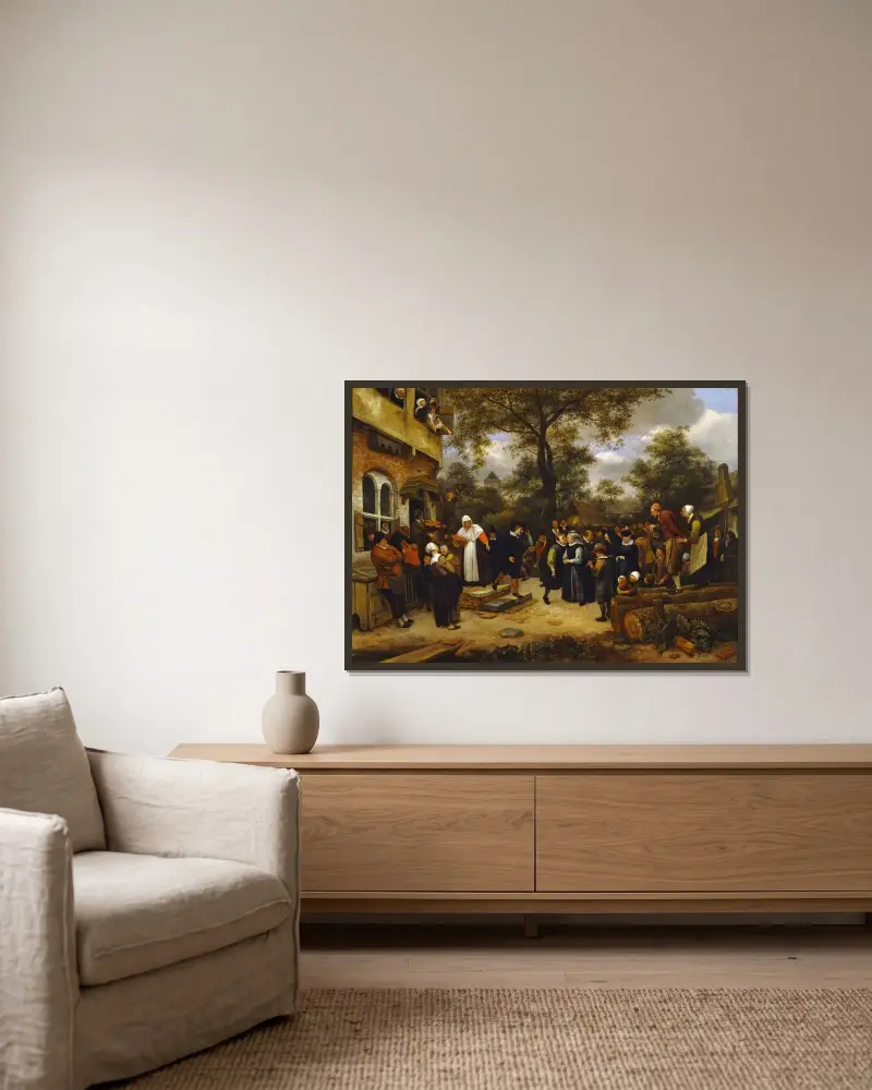 Bondbröllop av Jan Steen inramad på en vägg