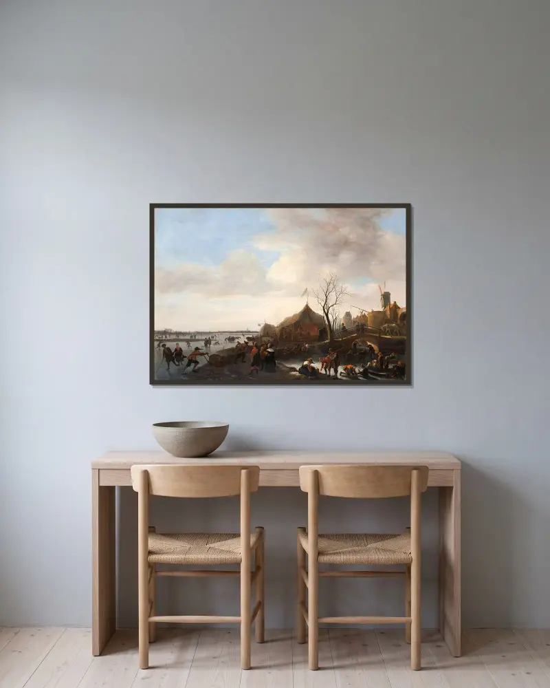 Vinterscen av Jan Steen inramad på en vägg