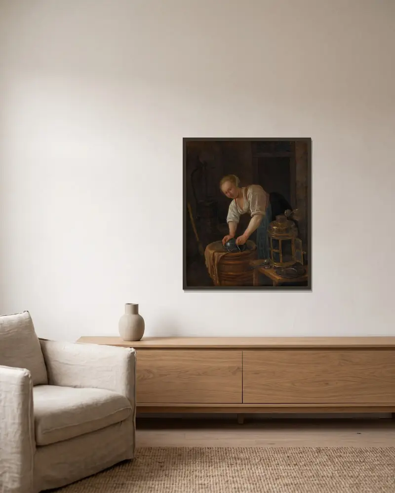 Kvinna skurar metallkärl av Jan Steen inramad på en vägg